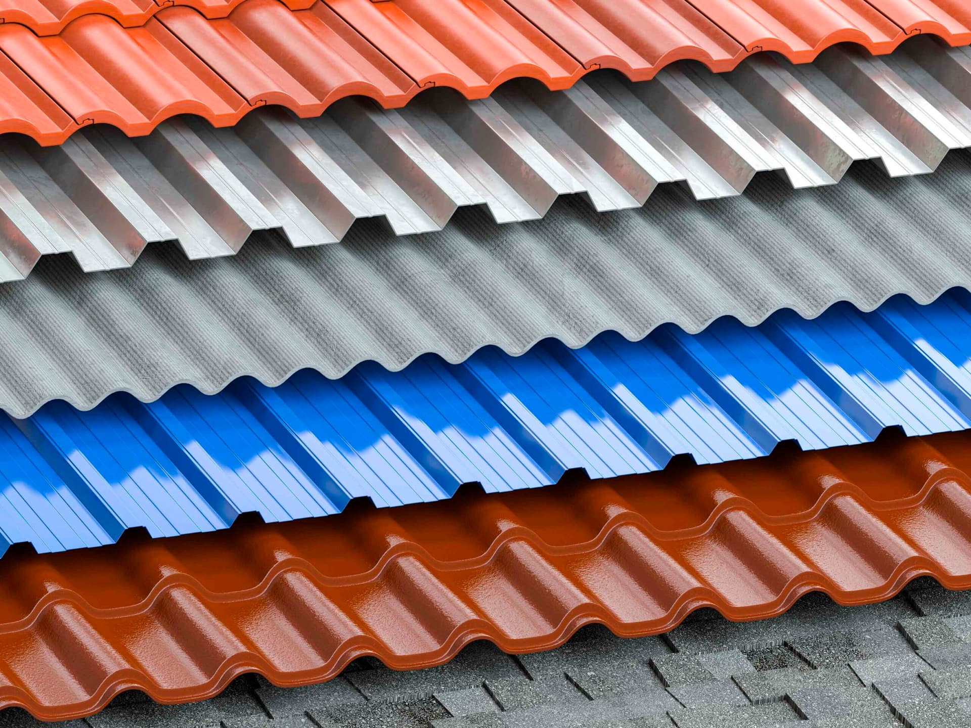 Diagonal array of metal roofing samples showing various patterns and colors ranging from terracotta to grey and vibrant blue, each with distinct corrugated profiles.