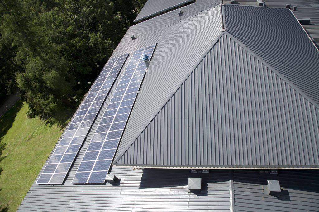 over view metal roof with solar panels