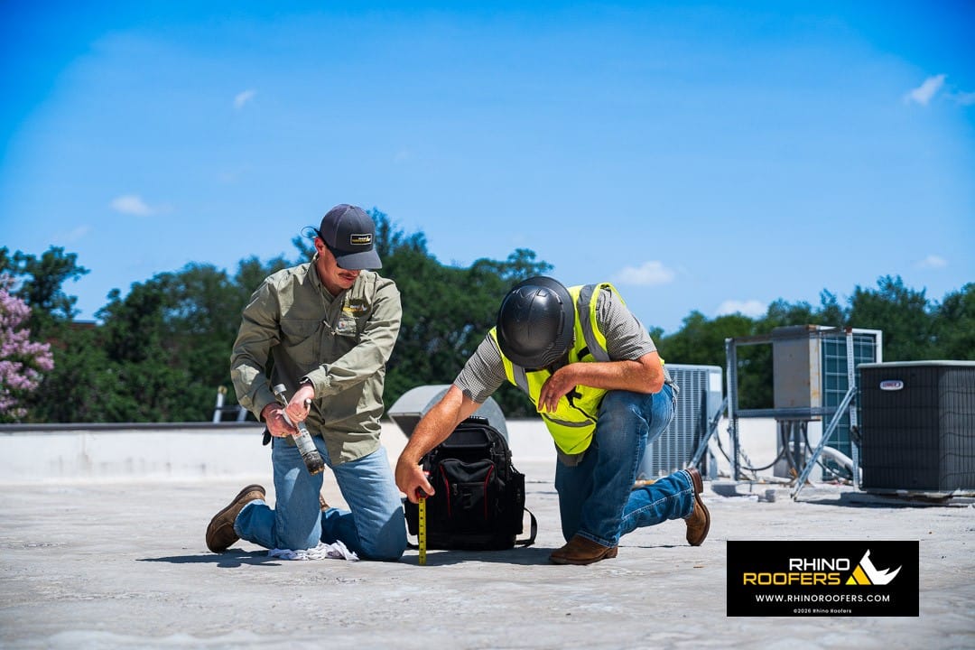 A Rhino Roofers inspector measuring the depth of a roof core sample