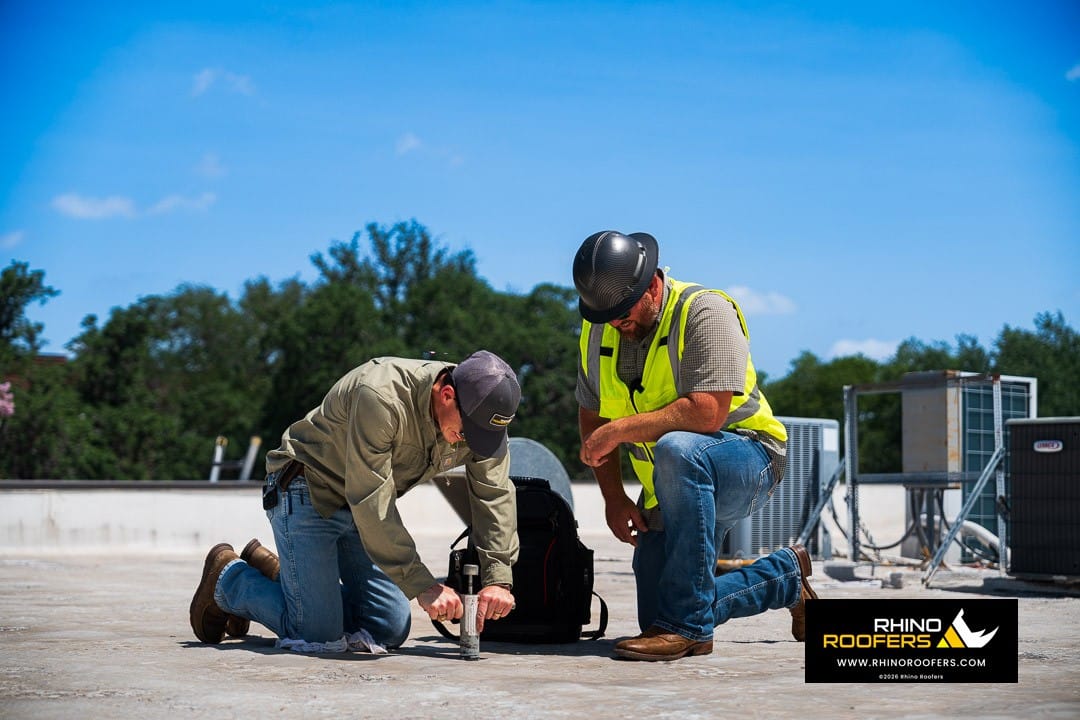 Two Rhino Roofers inspectors taking a core sample on a commercial roof in San Antonio